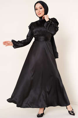 Omuz Fırfırlı Saten Elbise Siyah 