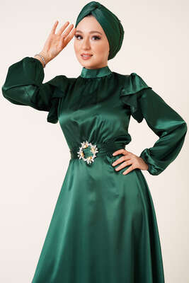 Omuz Fırfırlı Saten Elbise Zümrüt - Tesettür Elbise
