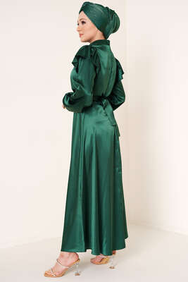 Omuz Fırfırlı Saten Elbise Zümrüt - Tesettür Elbise
