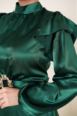 Omuz Fırfırlı Saten Elbise Zümrüt - Tesettür Elbise