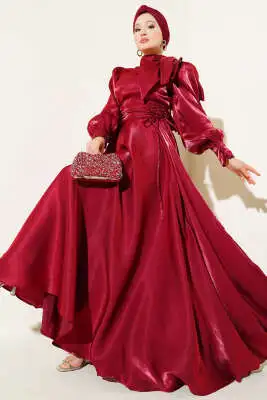 Omuz Fiyonklu Parlak Abiye Elbise Bordo - CNR TEKSTİL