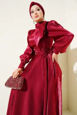 Omuz Fiyonklu Parlak Abiye Elbise Bordo - Elbise