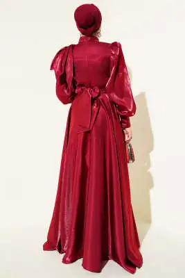 Omuz Fiyonklu Parlak Abiye Elbise Bordo - Elbise