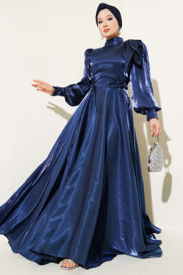 Omuz Fiyonklu Parlak Abiye Elbise Lacivert 