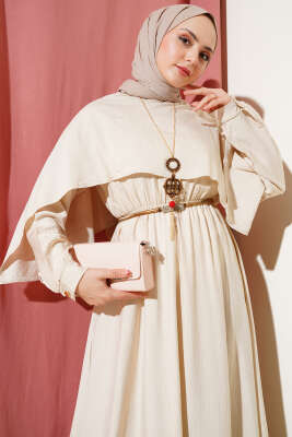 Omuz Pelerinli Bel Lastikli Elbise Bej - Elbise