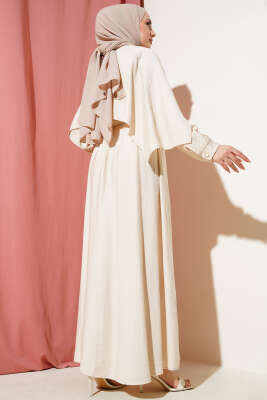 Omuz Pelerinli Bel Lastikli Elbise Bej - Elbise