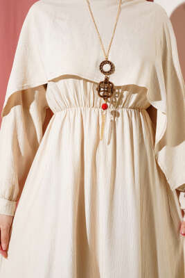 Omuz Pelerinli Bel Lastikli Elbise Bej - Elbise