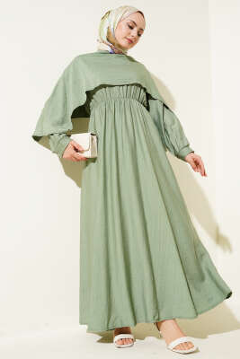 Omuz Pelerinli Bel Lastikli Elbise Çağla Yeşili 