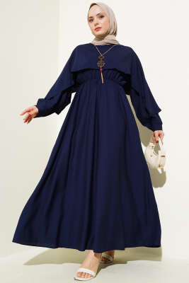 Omuz Pelerinli Bel Lastikli Elbise Lacivert 