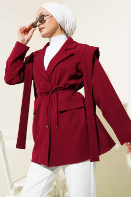 Omuz Pileli İp Bağcıklı Ceket Bordo