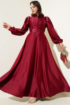 Omuz Taşlı Yarım Gizli Düğmeli Saten Elbise Bordo 