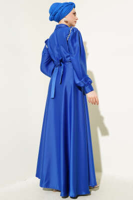 Omuz Taşlı Yarım Gizli Düğmeli Saten Elbise Saks - Elbise