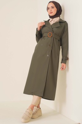 Omuzları Apoletli Trençkot Haki