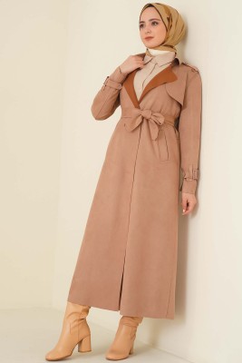 Omzu Apoletli Süet Trençkot Camel