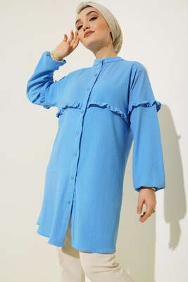 Ön Kol Fırfırlı Gömlek Mavi 