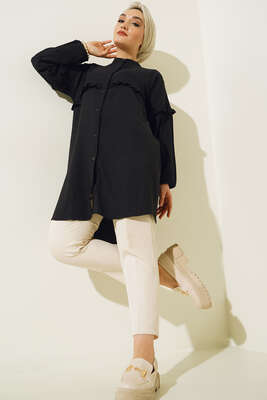 Ön Kol Fırfırlı Gömlek Siyah 