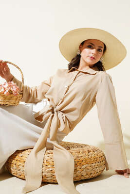 Önden Bağlamalı Kısa Gömlek Bej 