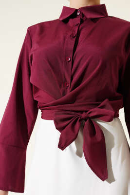 Önden Bağlamalı Kısa Gömlek Bordo - Gömlek