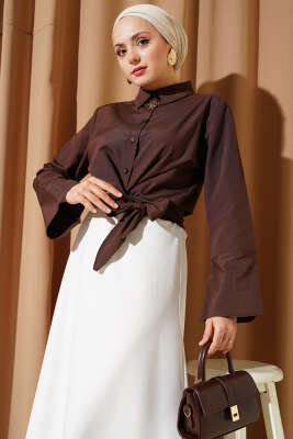 Önden Bağlamalı Kısa Gömlek Kahve 