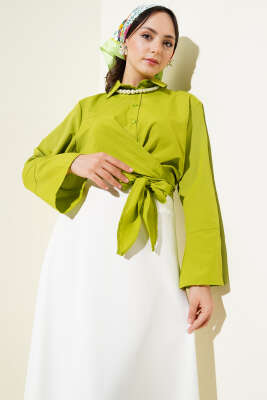 Önden Bağlamalı Kısa Gömlek Yağ Yeşili 