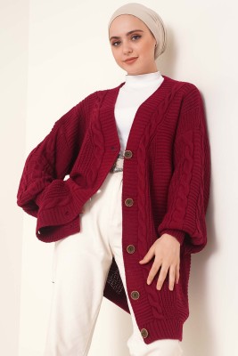 Önden Düğmeli Örgü Hırka Bordo
