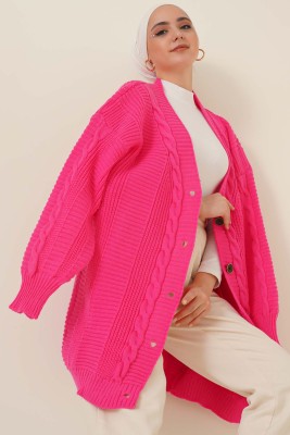 Önden Düğmeli Örgü Hırka Fuşya
