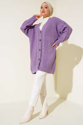 Önden Düğmeli Örgü Hırka Lila 