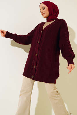 Önden Düğmeli Örgü Hırka Mürdüm 