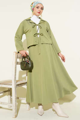 Önü Bağcık Detaylı Etekli İkili Takım Çağla Yeşili - İkili Takım