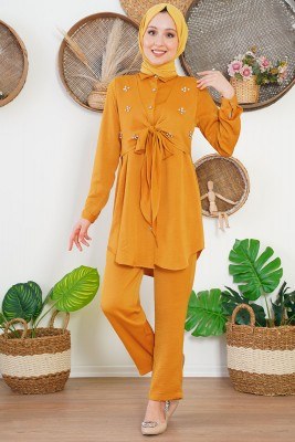 Önü Bağlama Detaylı Taşlı Hardal İkili Takım