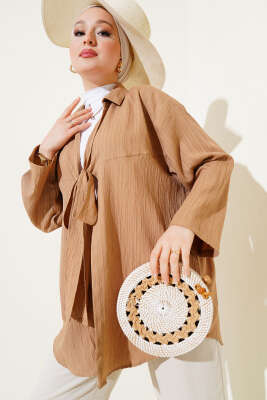 Önü Bağlamalı Krinkıl Kimono Camel