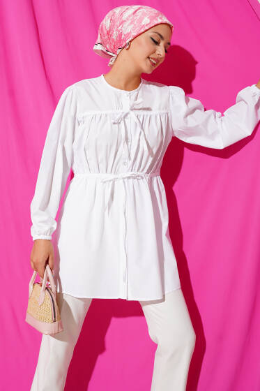 Önü Büzgülü Bağcıklı Gömlek Beyaz - Yılın Fırsatı