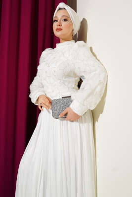 Önü Çiçekli Taşlı Abiye Elbise Beyaz 