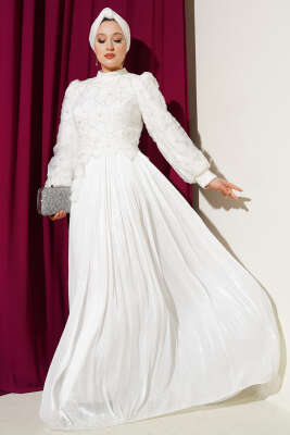 Önü Çiçekli Taşlı Abiye Elbise Beyaz - Elbise