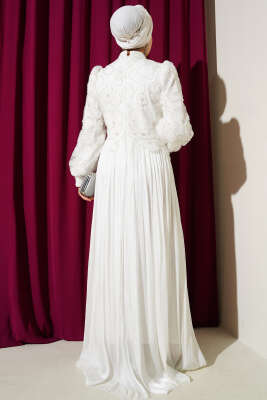 Önü Çiçekli Taşlı Abiye Elbise Beyaz - Elbise