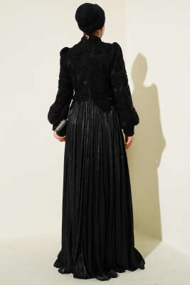 Önü Çiçekli Taşlı Abiye Elbise Siyah - Elbise