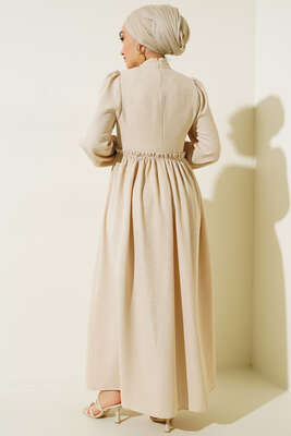 Önü Dantel Örgü Detaylı Elbise Bej - Tesettür Elbise