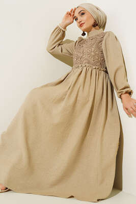 Önü Dantel Örgü Detaylı Elbise Latte 