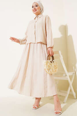 Önü Dikiş Detaylı Etekli İkili Takım Bej 