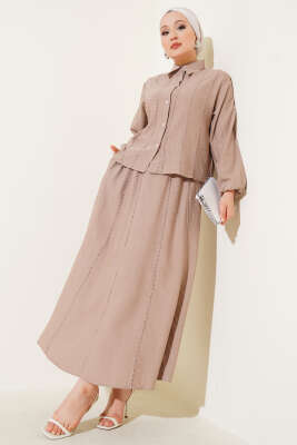 Önü Dikiş Detaylı Etekli İkili Takım Latte 