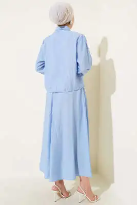Önü Dikiş Detaylı Etekli İkili Takım Mavi - İkili Takım