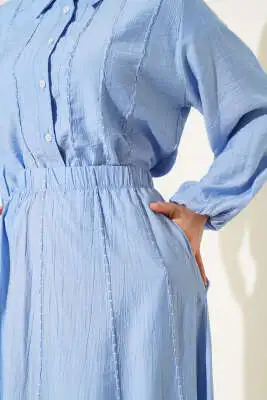 Önü Dikiş Detaylı Etekli İkili Takım Mavi - İkili Takım