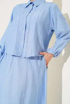 Önü Dikiş Detaylı Etekli İkili Takım Mavi - İkili Takım