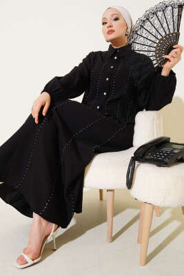 Önü Dikiş Detaylı Etekli İkili Takım Siyah 