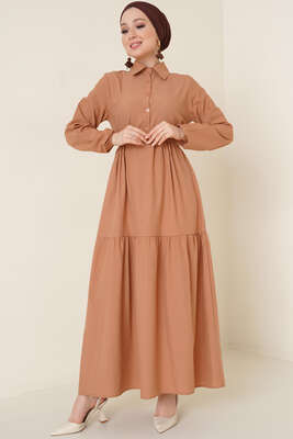 Önü Düğmeli Kat Model Elbise Camel 