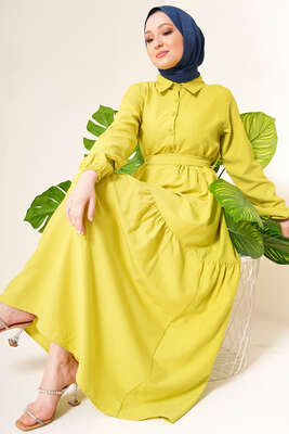 Önü Düğmeli Kat Model Elbise Neon Yeşil 