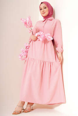 Önü Düğmeli Kat Model Elbise Pudra 