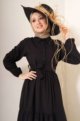 Önü Düğmeli Kat Model Elbise Siyah - Tesettür Elbise