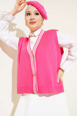 Önü Düğmeli Triko Yelek Fuşya 
