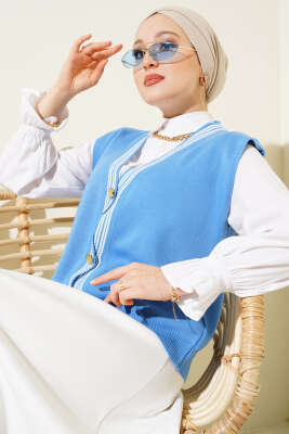 Önü Düğmeli Triko Yelek İndigo - Triko